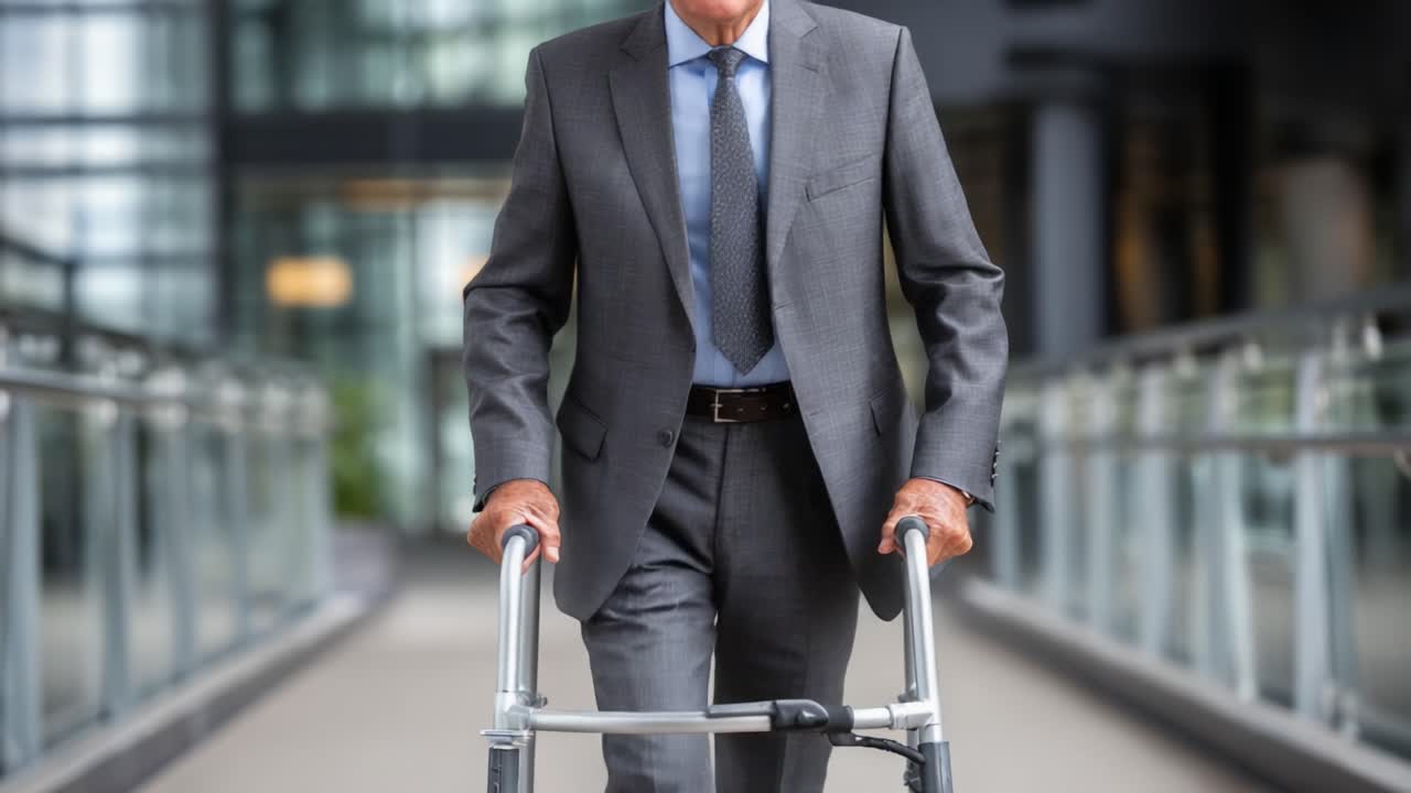 A Determined Elderly Man in Formal Attire Navigating with a Walker through a Modern Architectural Space, Showcasing Resilience and Strength in Daily Life