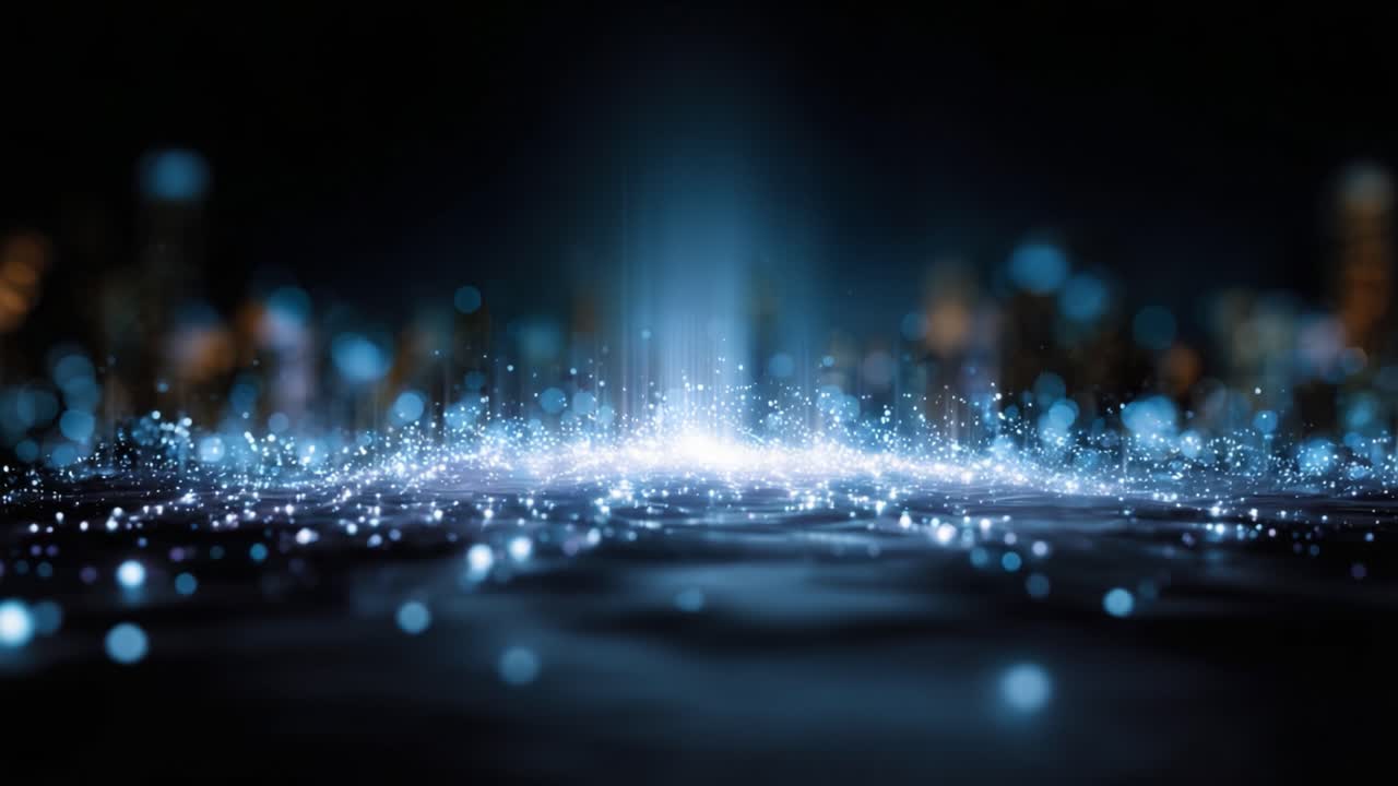 Una visualizzazione straordinaria di luce ed energia che si irradia da un nucleo incandescente circondato da un mare scintillante di particelle brillanti su uno sfondo scuro