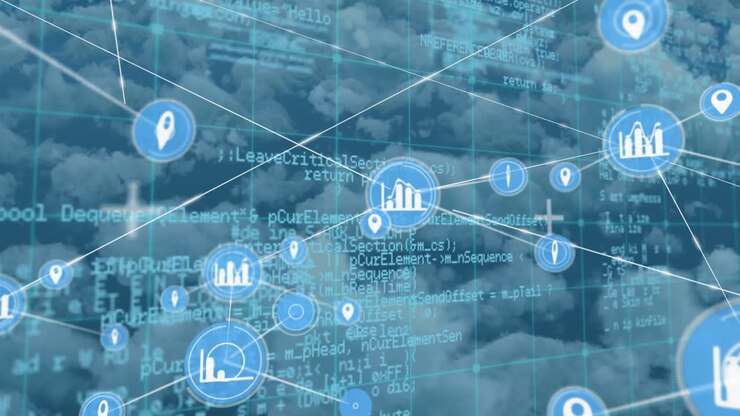 Web of connection icons and data processing against blue sky