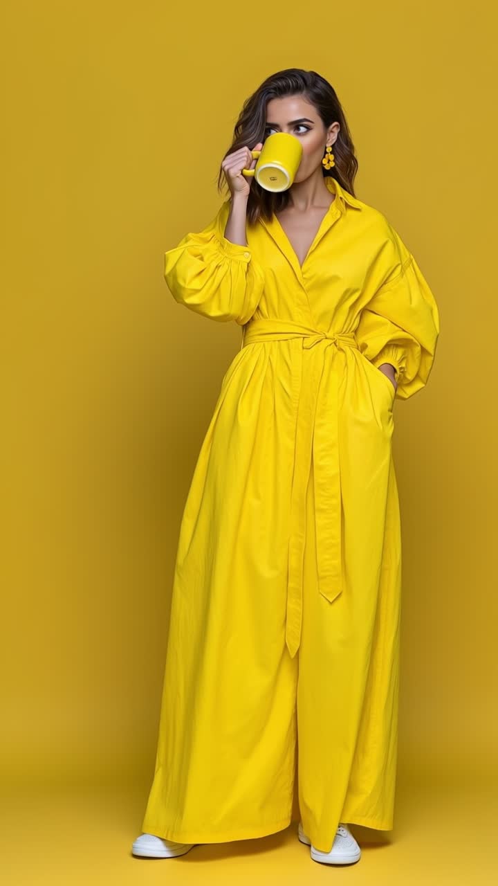 Bella giovane donna con un lungo vestito giallo che tiene in mano una tazza di caffè su sfondo giallo uniforme, scatto in studio.