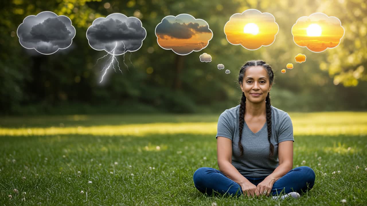 A Journey Through Emotions: A Woman Reflects on Stormy Weather and Sunny Days While Meditating in Nature, Embracing Change from Darkness to Light