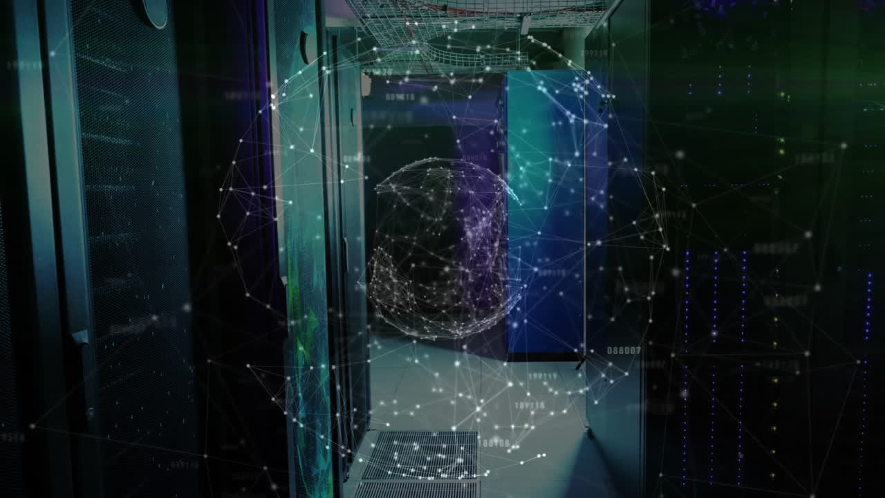 Network sphere floating along server aisle, showing racks with glowing LED lights in 3D render