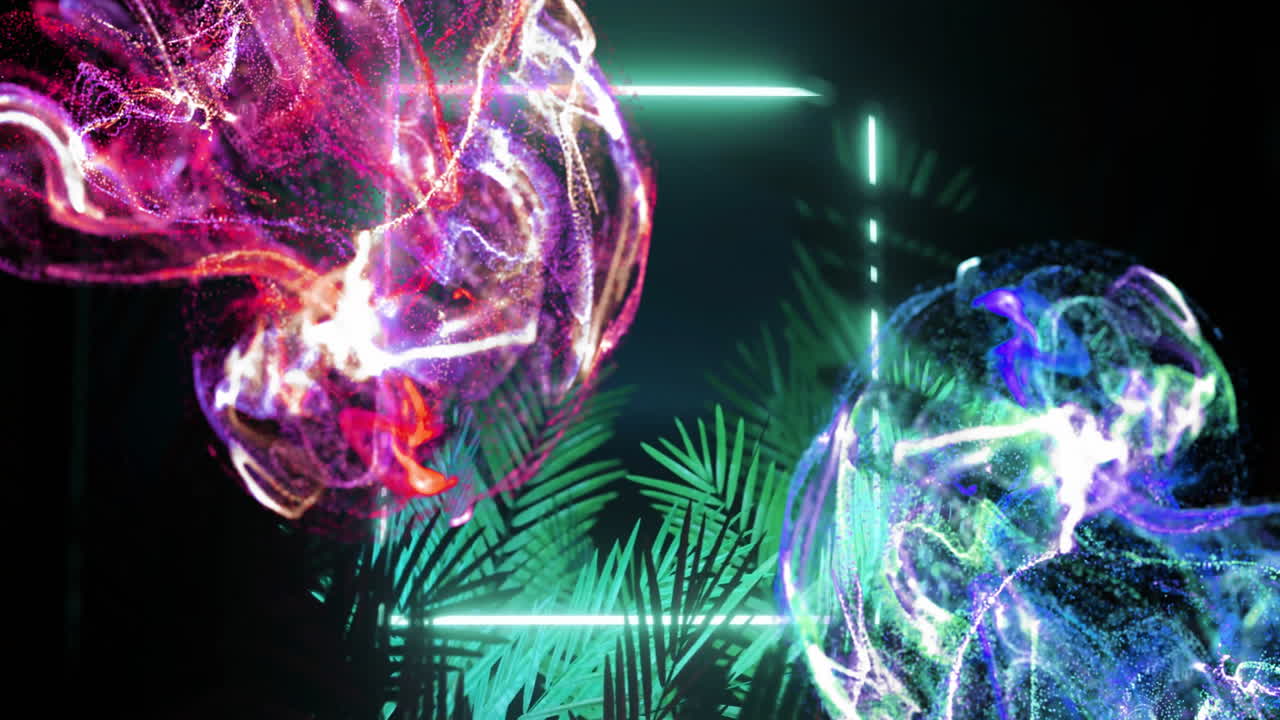 Glowing particle clouds floating in dark scene, featuring neon cyan light bars and palm silhouettes