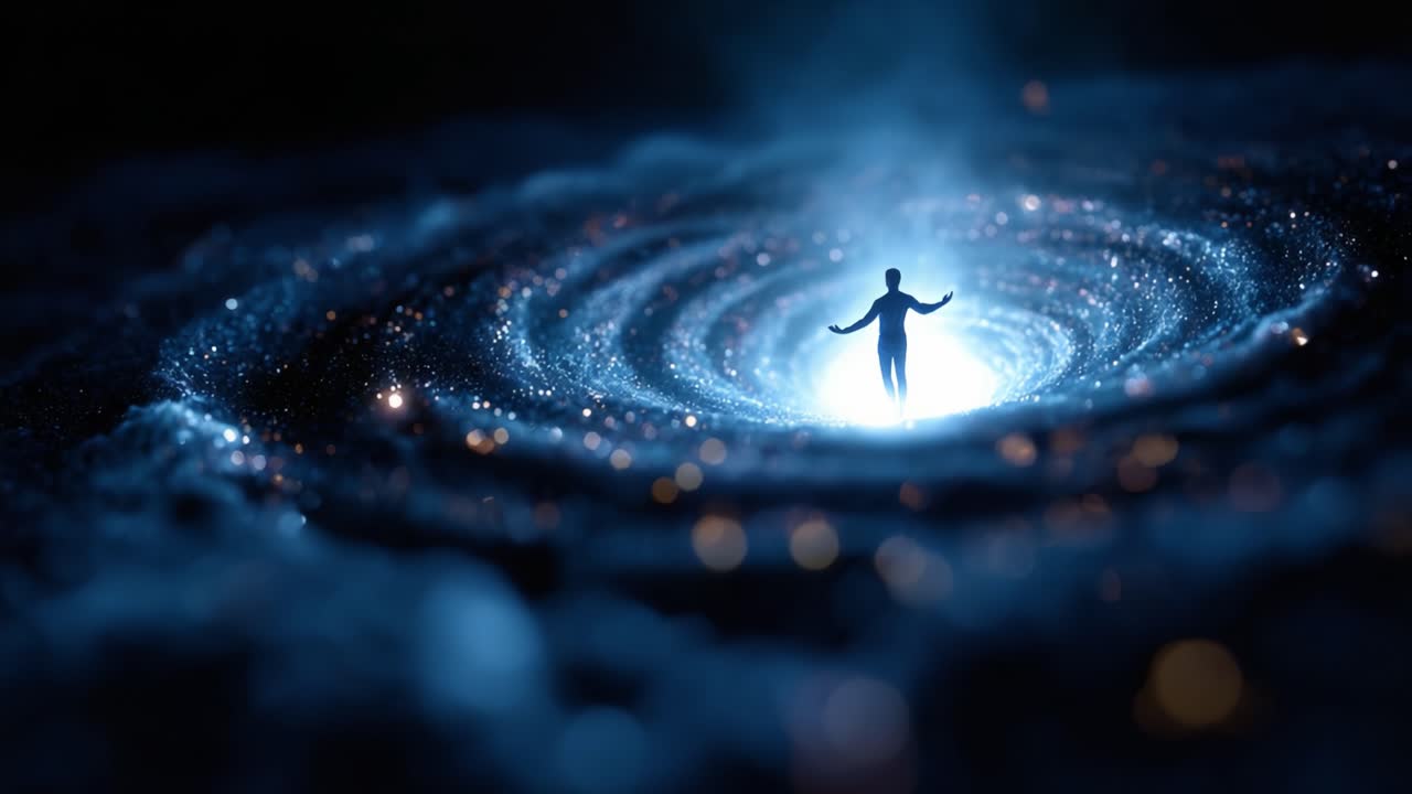A Cosmic Journey: An Ethereal Being Emerges from a Glittering Galaxy, Surrounded by a Whirlpool of Stars and Light in the Depths of Space