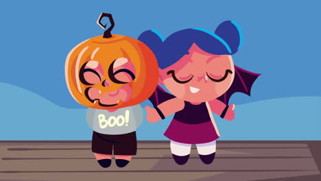 halloween animation with kids couple disguised