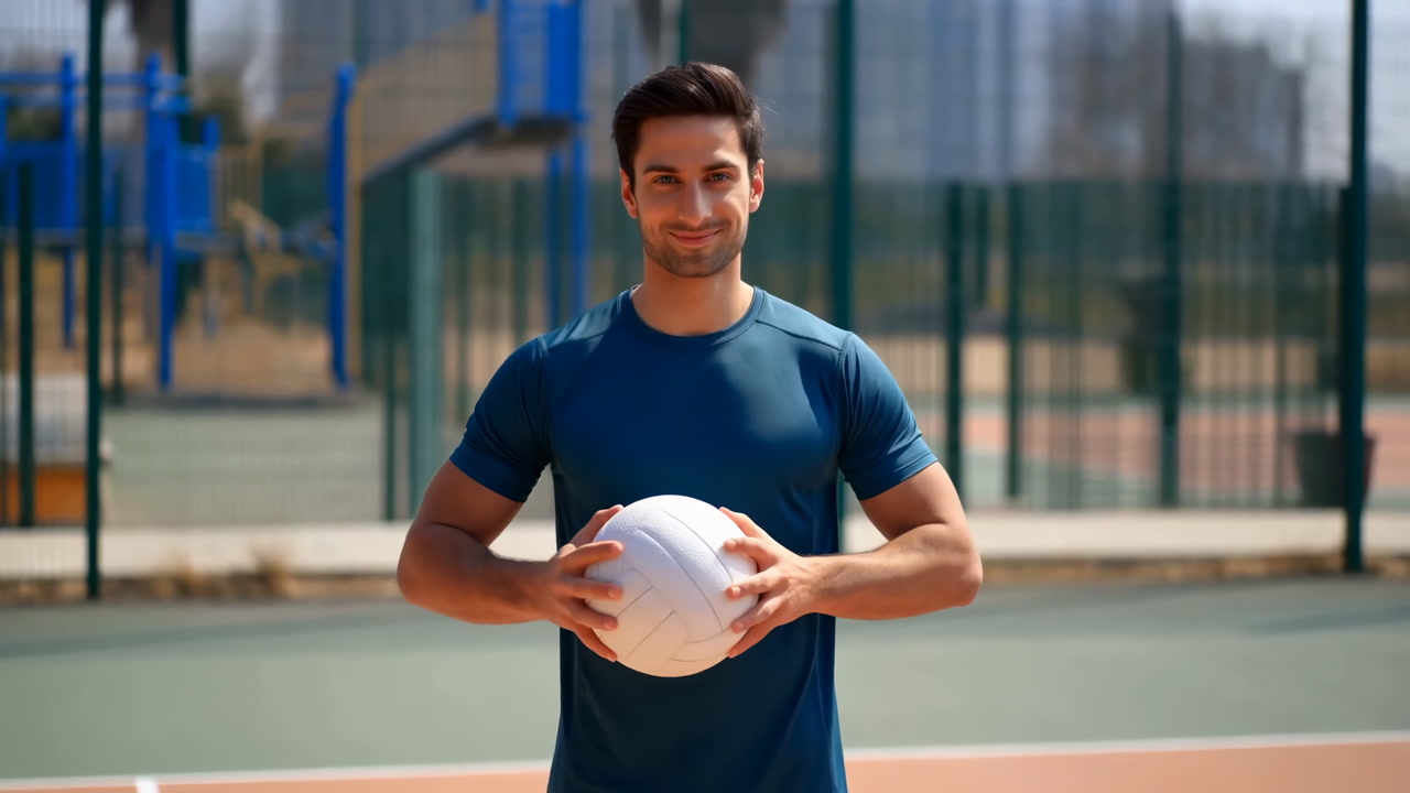 Caucasian Man Holding Volleyball On Court Smiling Coach Persona, Blue Shirt, Sunny Fenced Playground, Casual