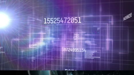 animation of numbers changing and data processing over glowing light over grid on purple background