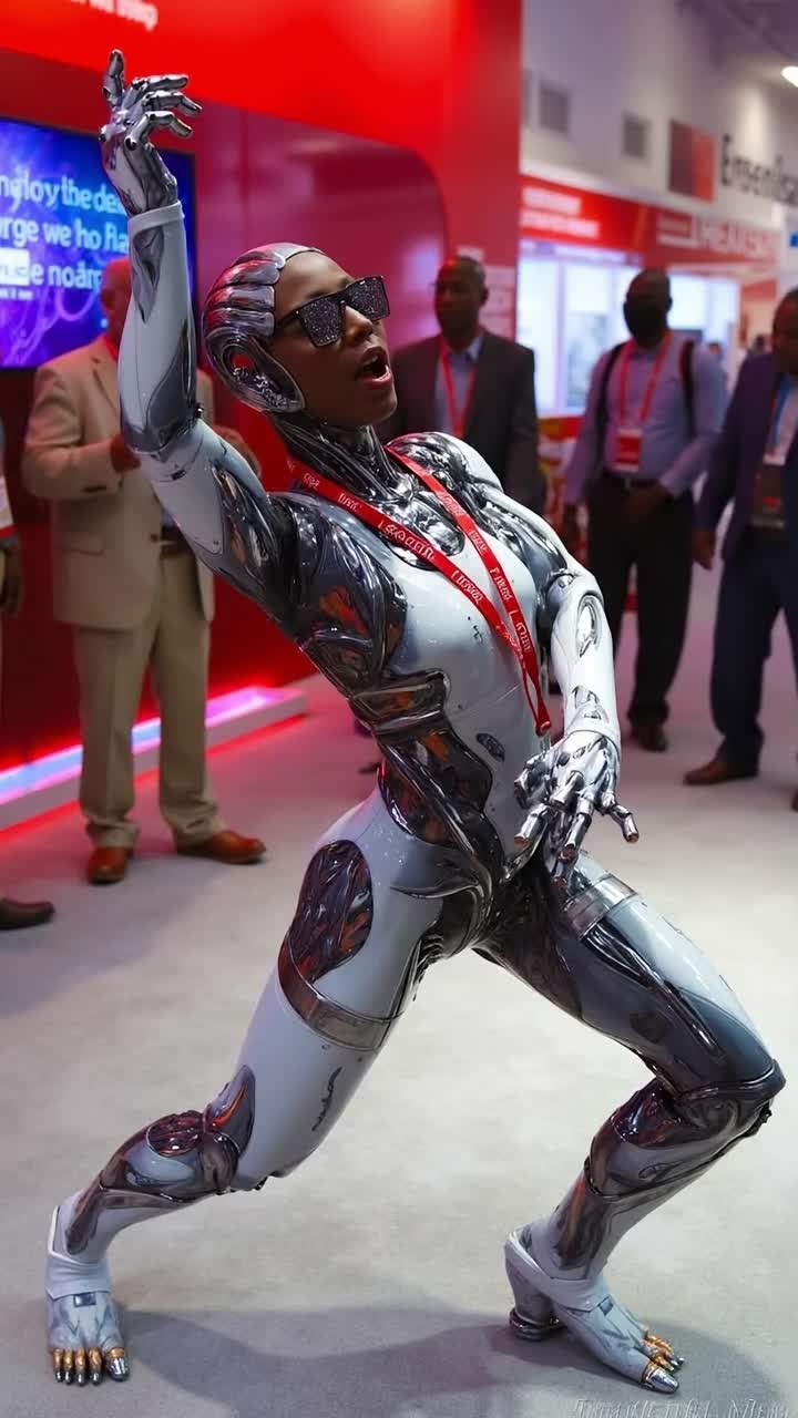 Humanoid robot performer striking dynamic pose at expo booth