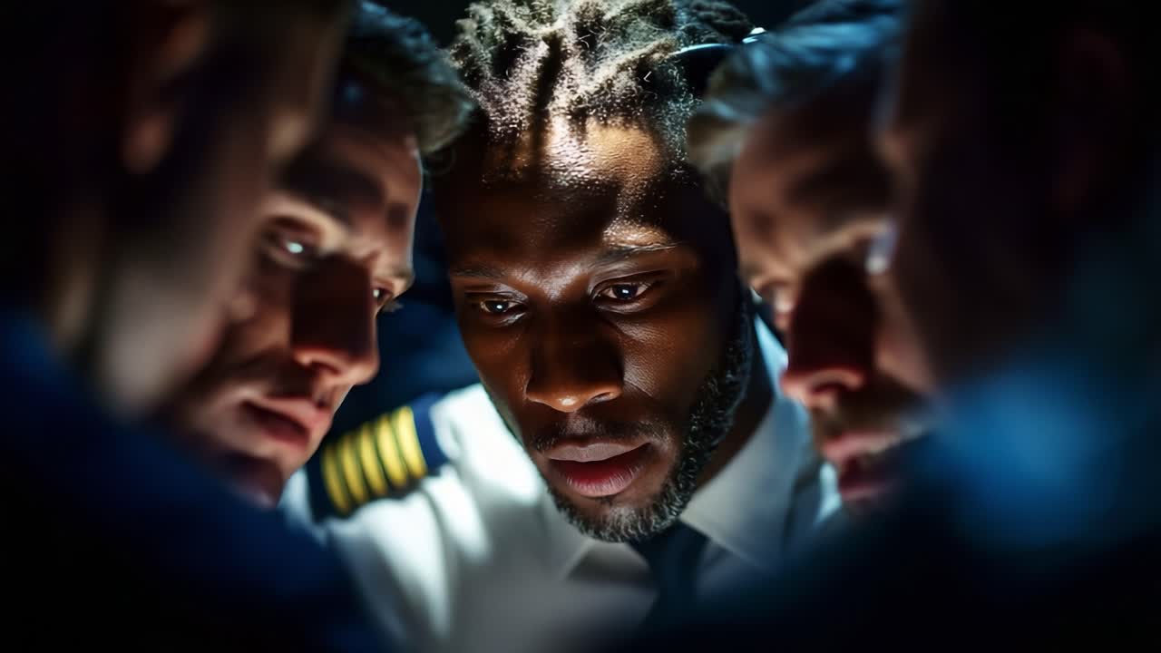 A Intense and Focused Meeting Among Five Officers, Highlighting Leadership and Collaboration in a Dimly Lit Space, Engaging in Critical Discussions While Maintaining Professionalism