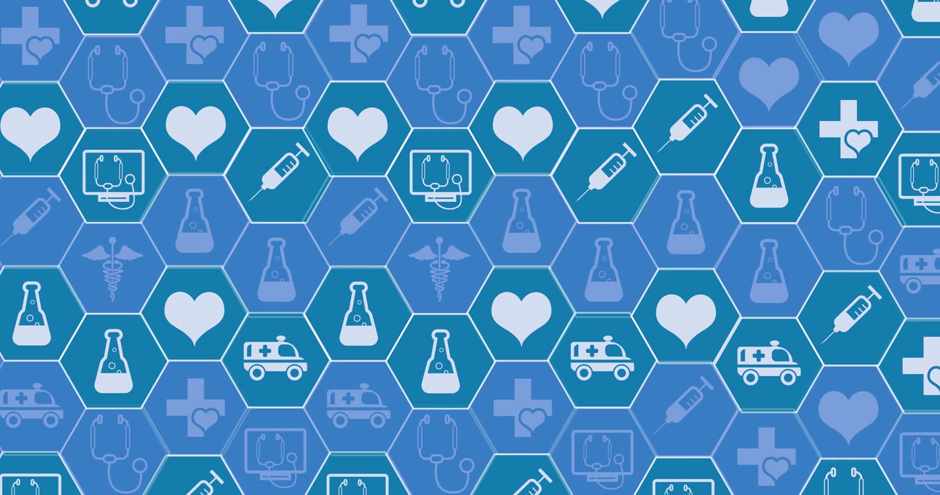 Animação de ícones médicos sobre fundo azul