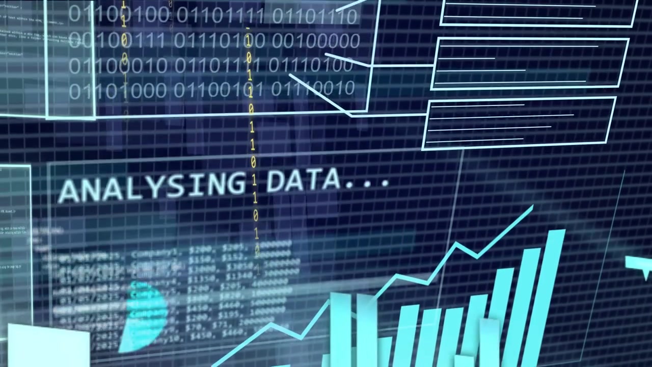 Ved datainntasting utfolder HUD seg, glidende prosenter, kaskaderende binærkode, viser stigende trend som indikerer vekst