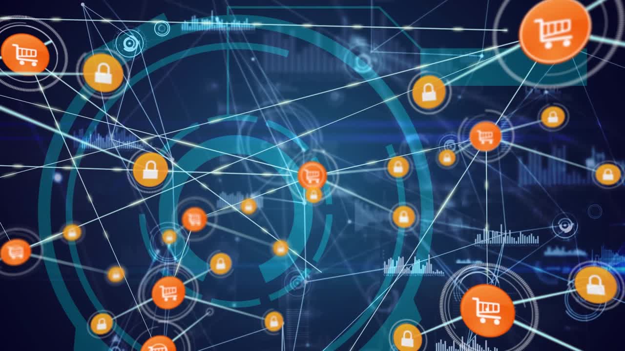 Animazione di rete di connessioni su schermo digitale su sfondo blu navy