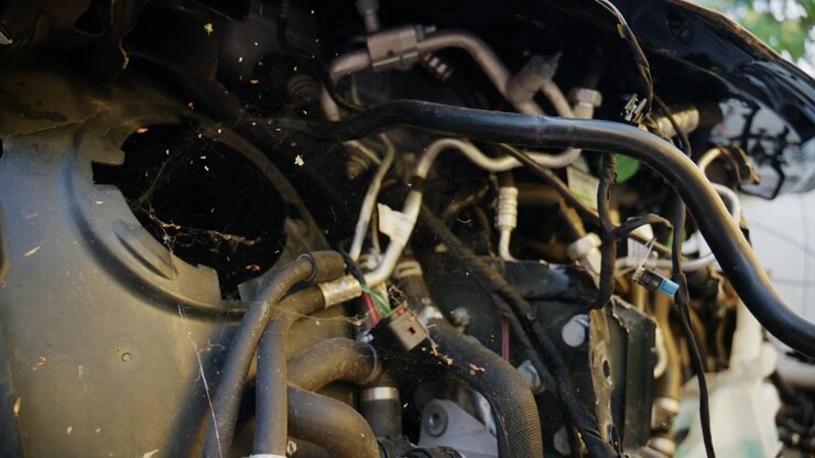 Detailed close up of dusty automotive wiring, hoses, and mechanical components inside a damaged vehicle