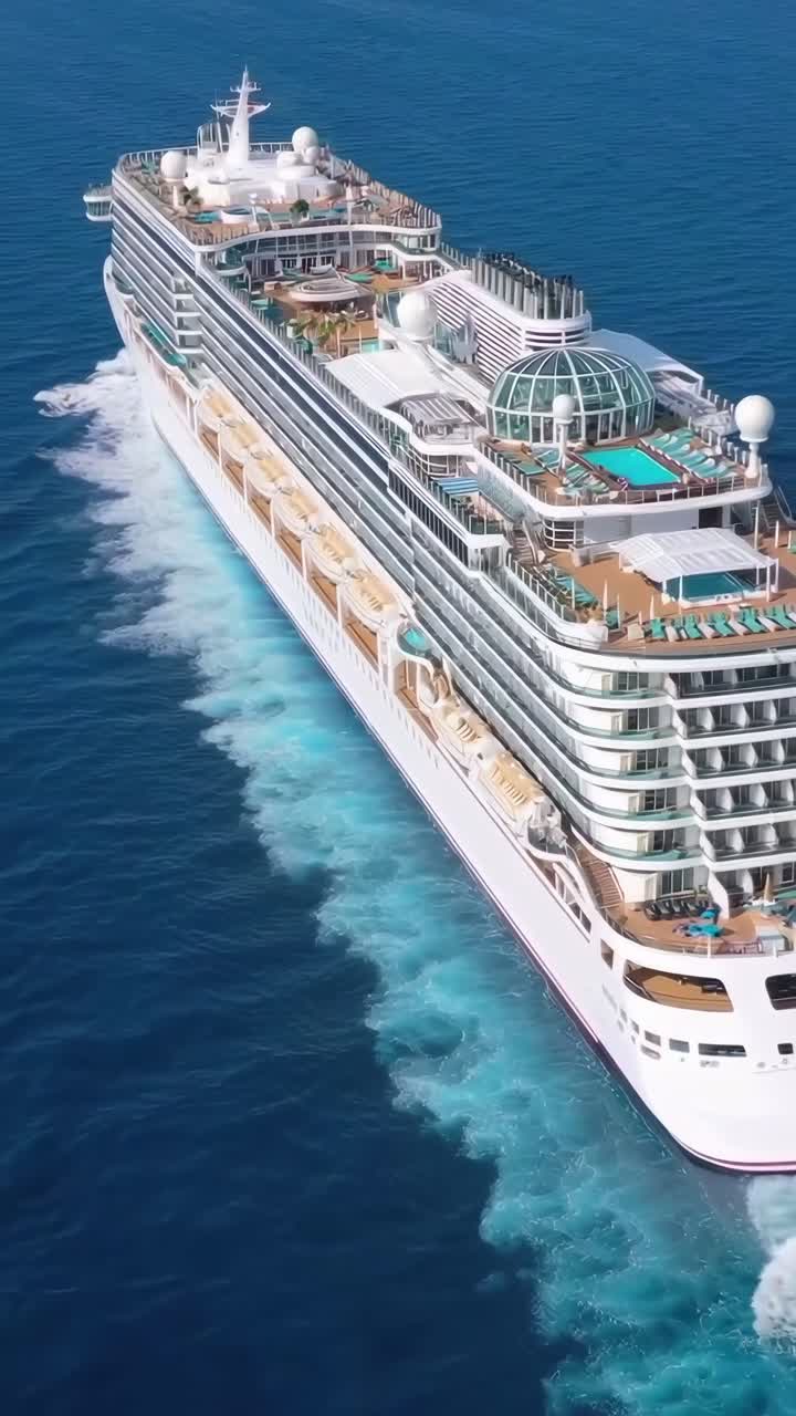 Video aéreo de un crucero de lujo navegando en aguas azules, mostrando sus cubiertas y piscinas.