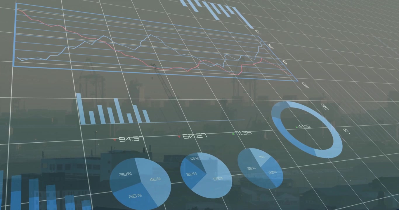 Et 3D-rutenett åpnes over en soloppgangshorisont, med et datagrensesnitt som animerer søyler, sektordiagrammer, ringer og linjer som oppdaterer data.