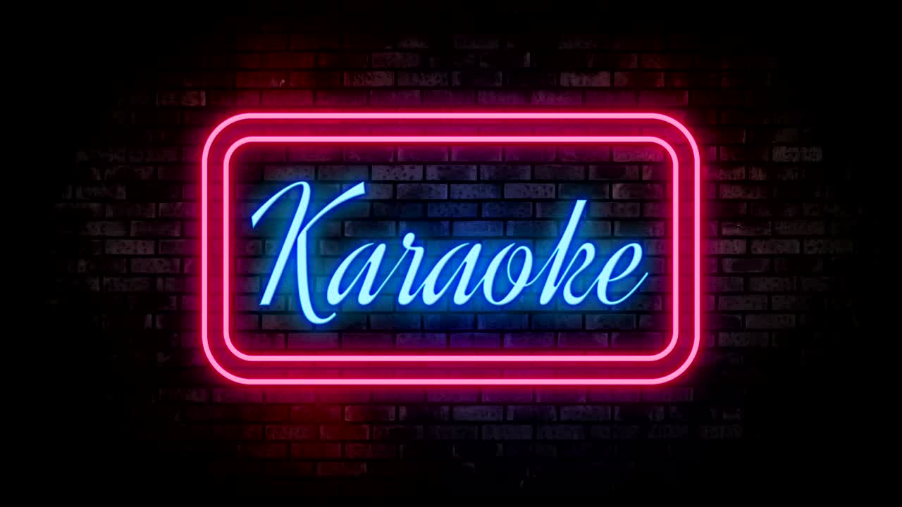 벽돌 벽에 카라오케 네온 불빛, 밤 바, 박이는 네온 표지판, 모션 애니메이션