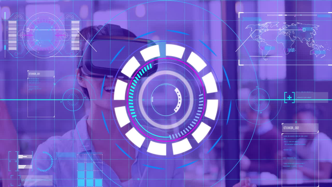 Animation of scope scanning and world map over woman wearing vr headset and moving her hands