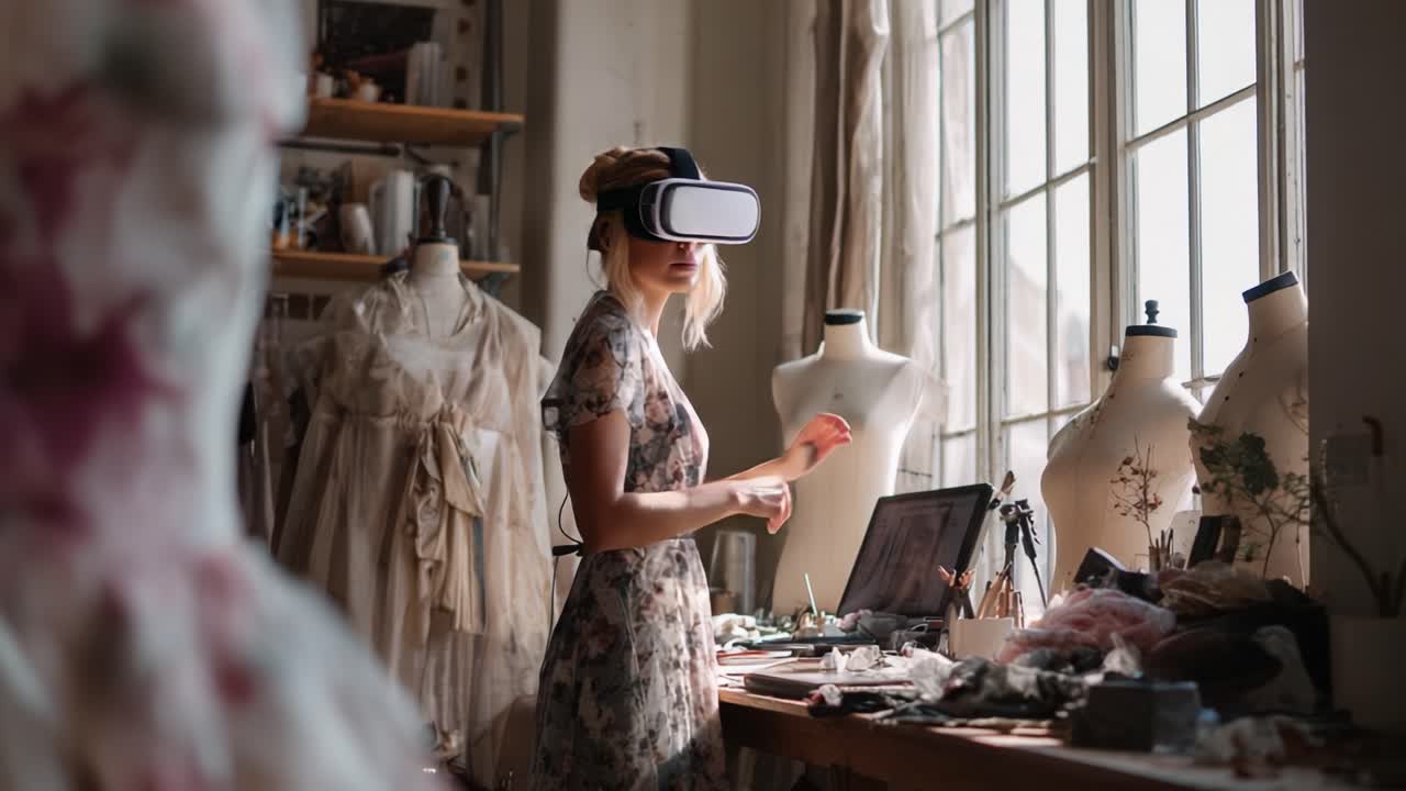 A Creative Craftsman Engaged in Virtual Design with VR Headset in a Fashion Studio Surrounded by Dress Forms and Garment Materials, Exploring Innovative Concepts and Artistic Expressions in Modern Apparel Creation