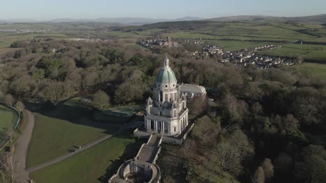 long, slow aerial flight to ornate baroque ashton memorial in uk