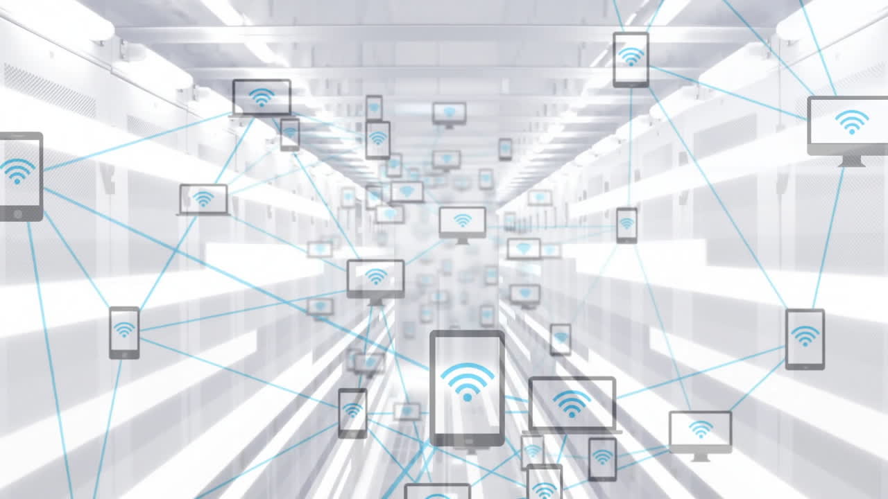 Tablet icon being animated in futuristic corridor, with interconnected device icons and blue lines