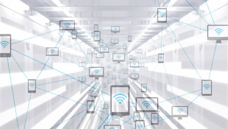 Tablet icon being animated in futuristic corridor, with interconnected device icons and blue lines
