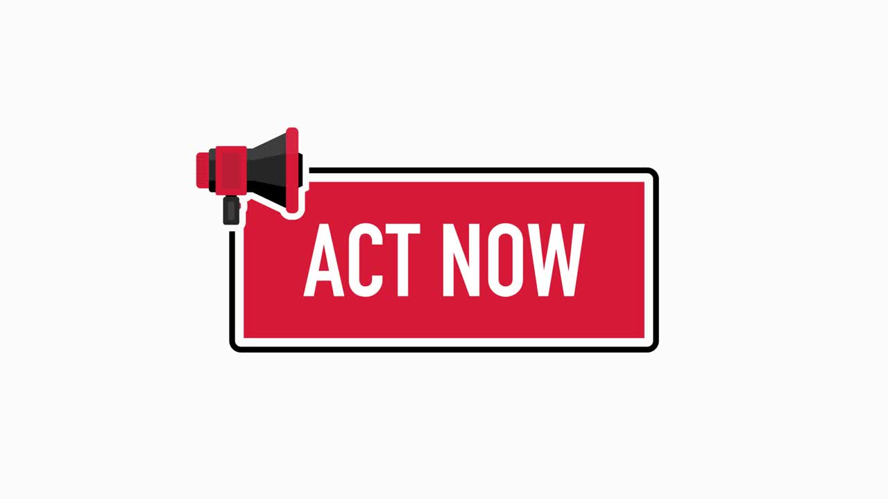 icono plano con rojo actúa ahora megáfono. anuncio comunicación de negocios. icono plano. gráfico de movimiento.