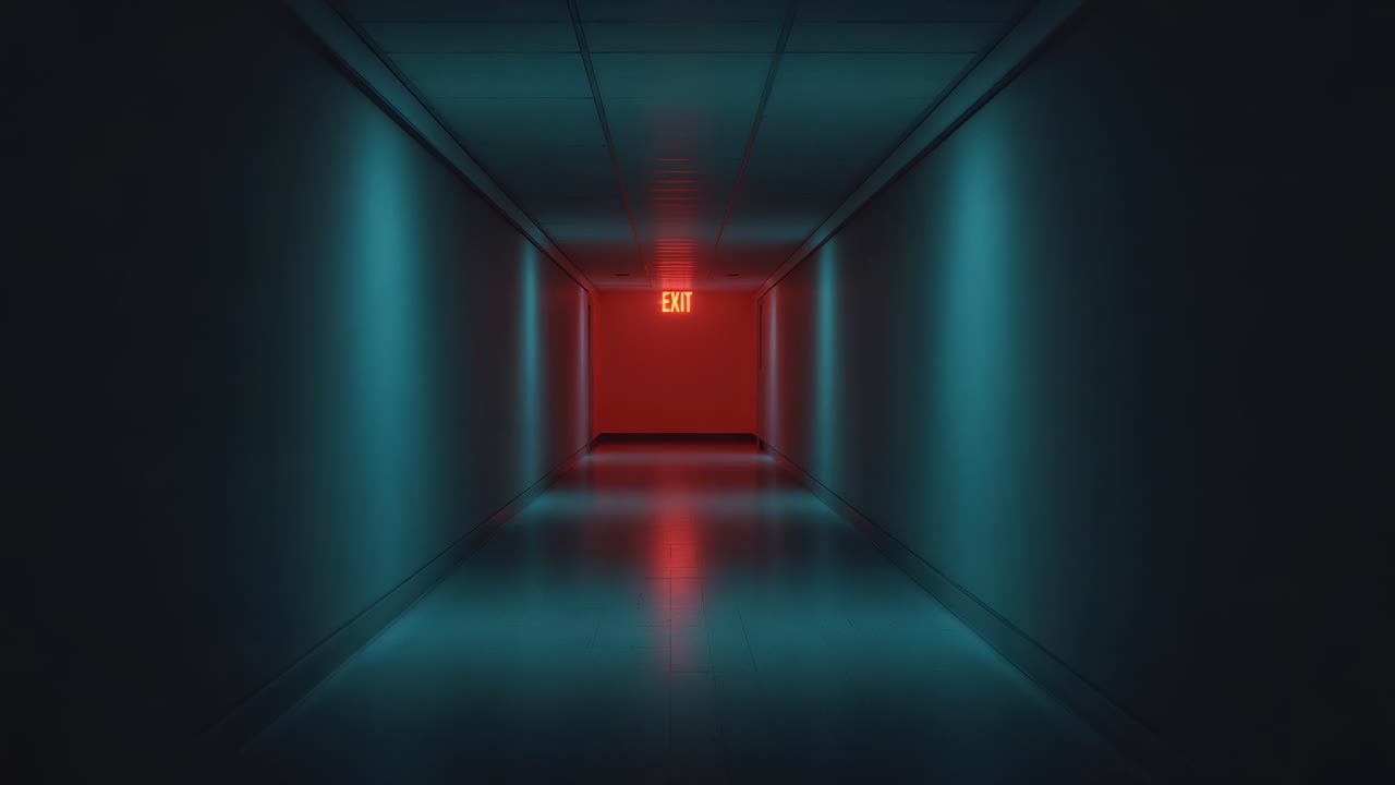 Flickering red exit sign casting reflections on glossy corridor floor, with teal accent lighting