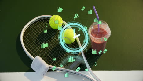 racket and balls resting on court while hud charts and dollar icons floating near smoothie cup