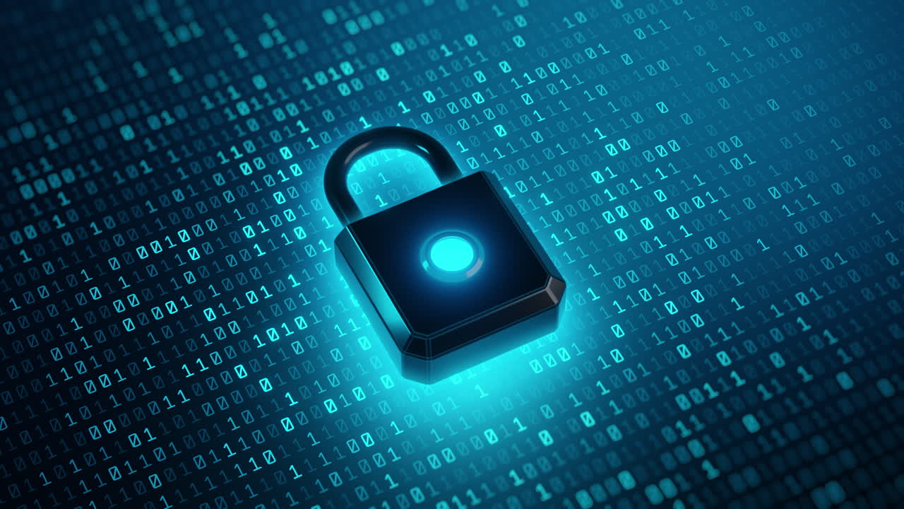 A futuristic glowing padlock sits atop a matrix of binary code, symbolizing cybersecurity, data protection, and encrypted digital systems