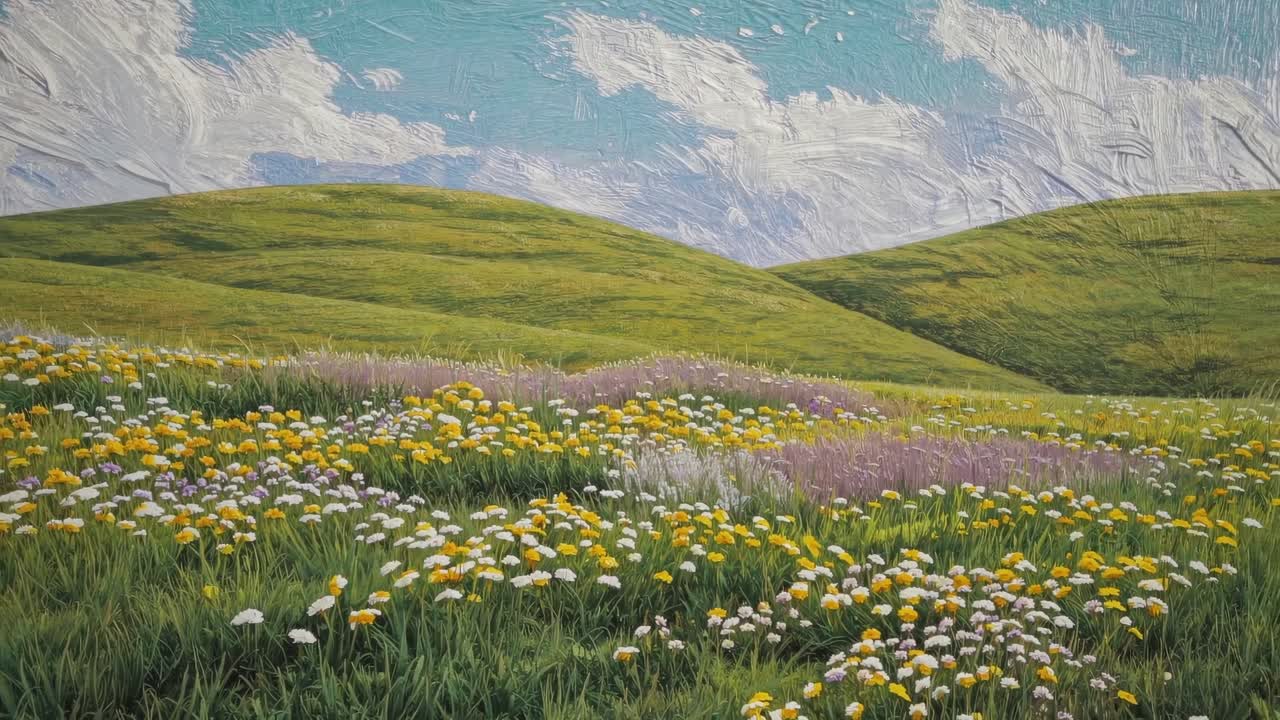 A video still of a textured painting depicting rolling hills and wildflowers under a blue sky
