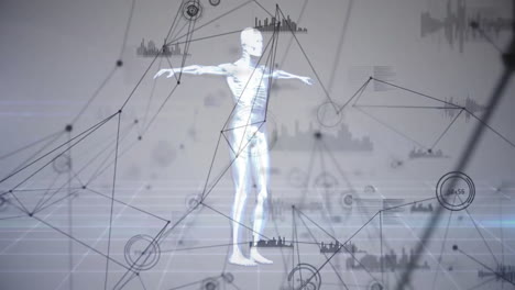 human skeleton with arms outstretched, network connections and data processing animation