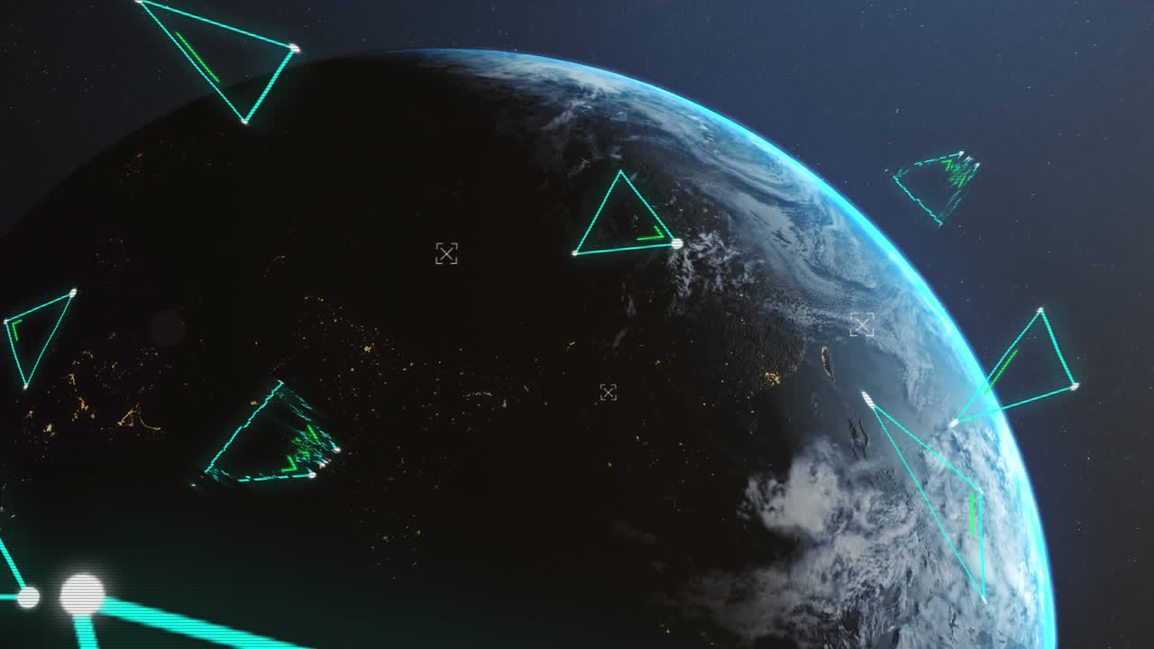 анимация мерцающих треугольников и маркеров над глобусом на синем фоне
