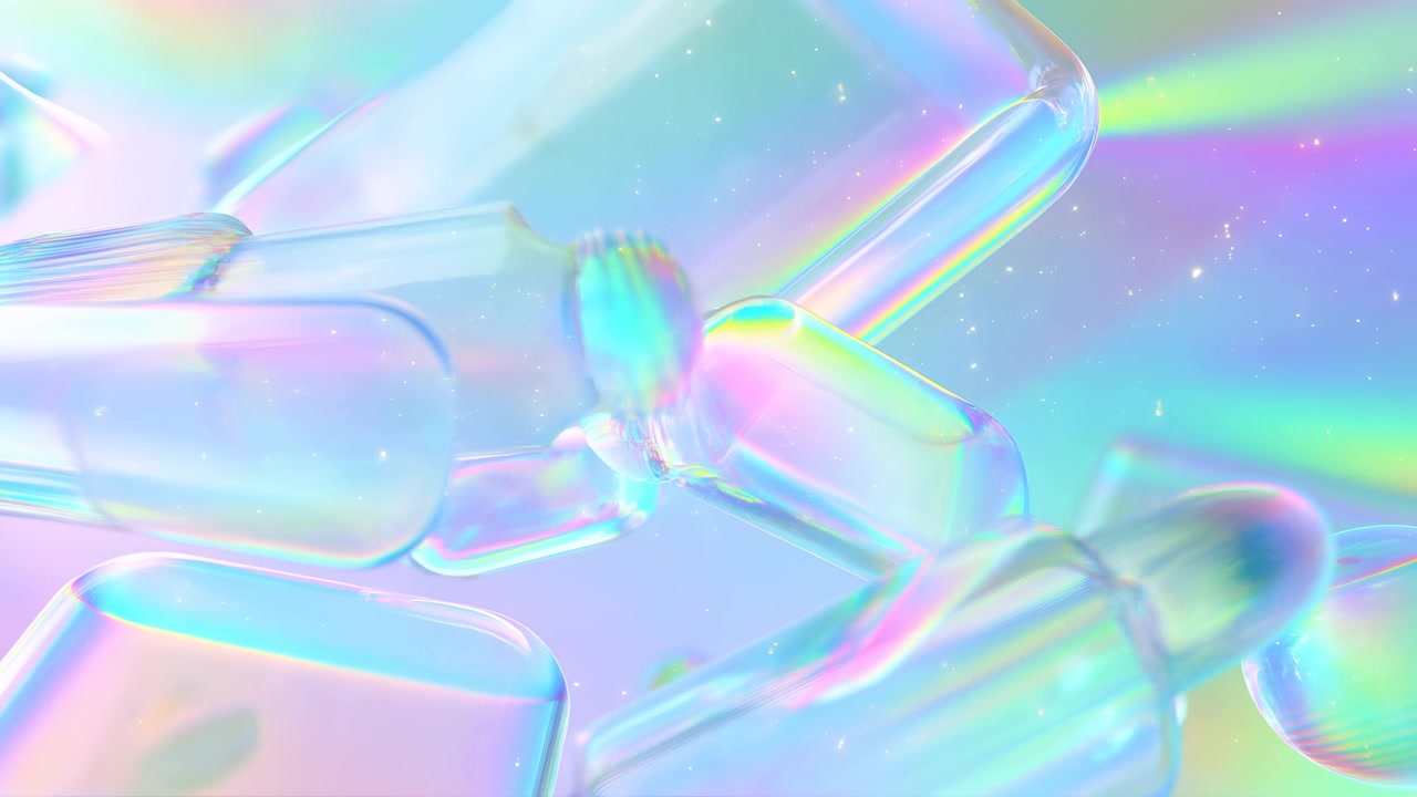 Close-up view of glossy translucent capsules and rounded droplets scattered across the frame, with soft rainbow reflections, smooth surfaces, and gentle highlights. The centered composition sits against a dreamy pastel background with shallow depth of field and a clean abstract feel