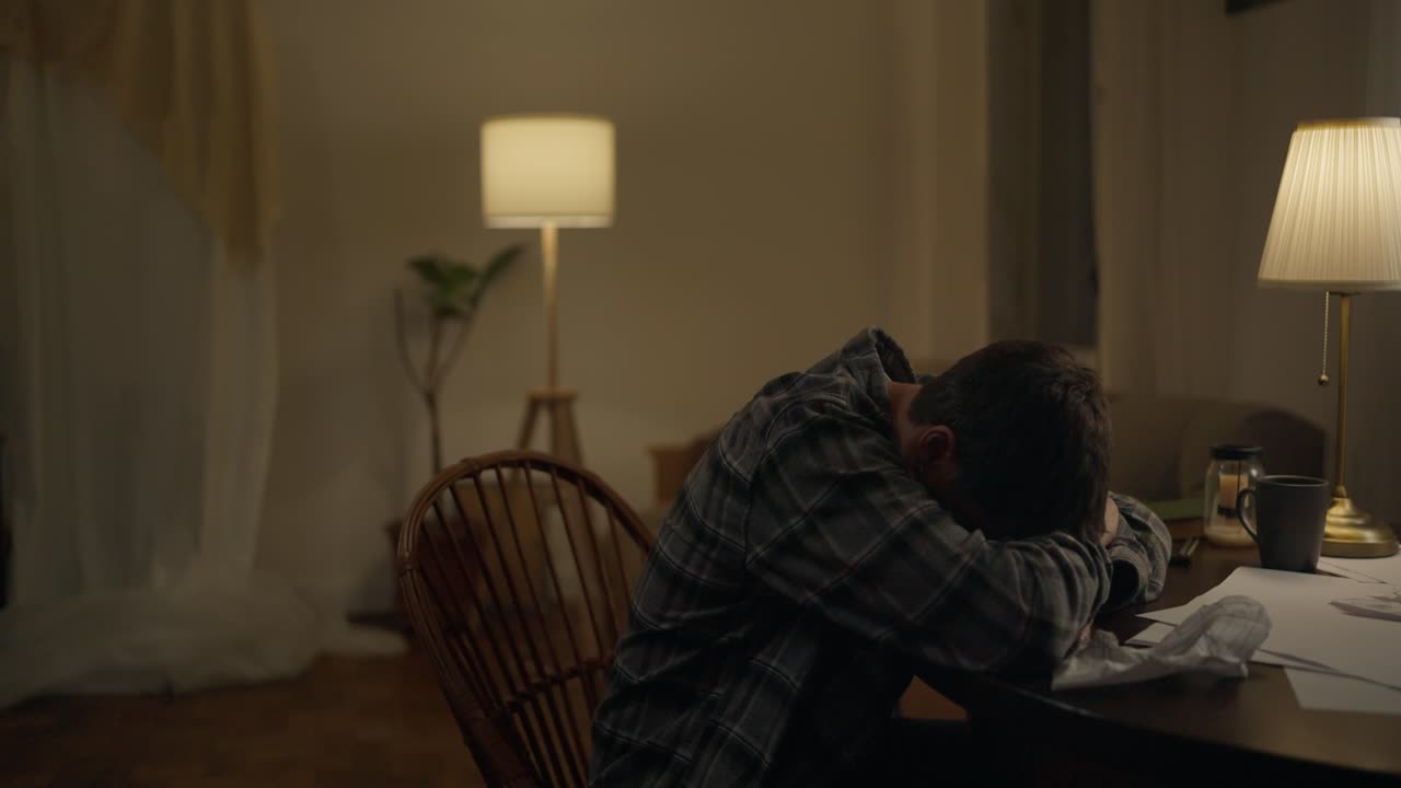 Man Exhausted and Depressed at Night