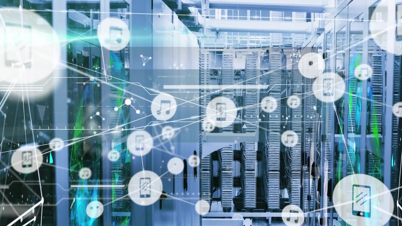 Animation of network of connections and data processing over server room