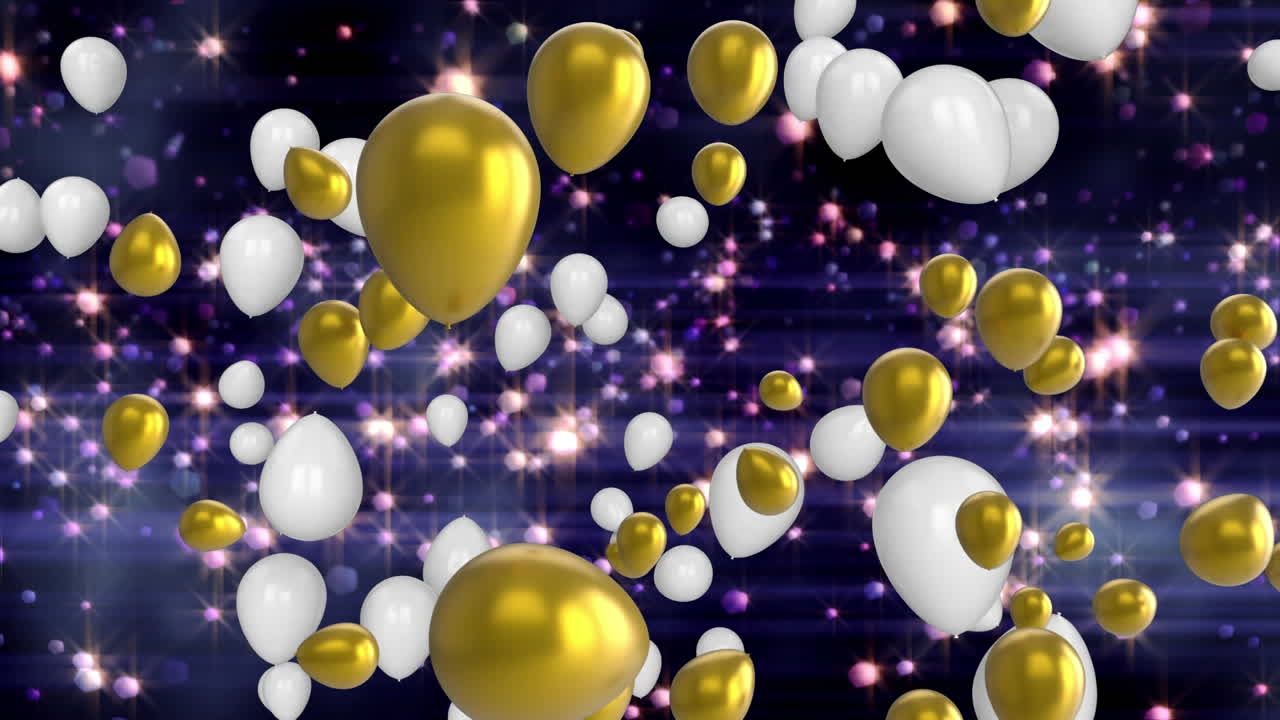 animación de globos blancos y dorados volando sobre luces brillantes