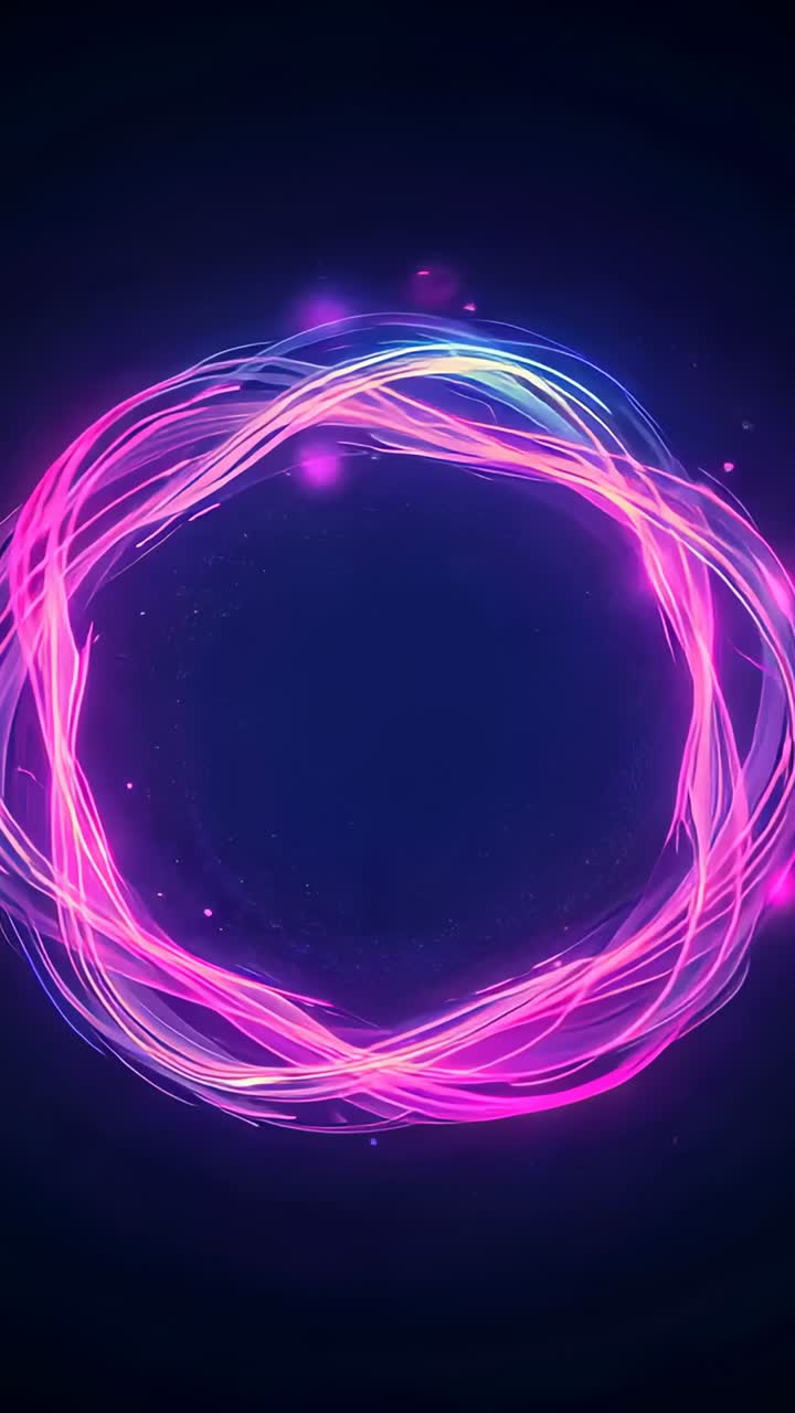 Vertical video: Emerging neon ring rotating pulsing on navy gradient looping dark core halo flares