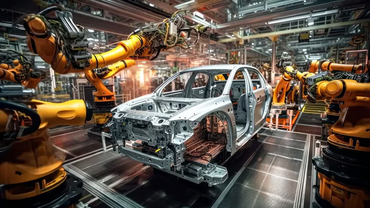 Wide-angle shot of robotic arms assembling a car frame in a factory, showcasing advanced automation