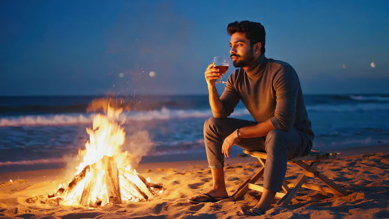 Man Relaxing by Bonfire on Beach with Wine