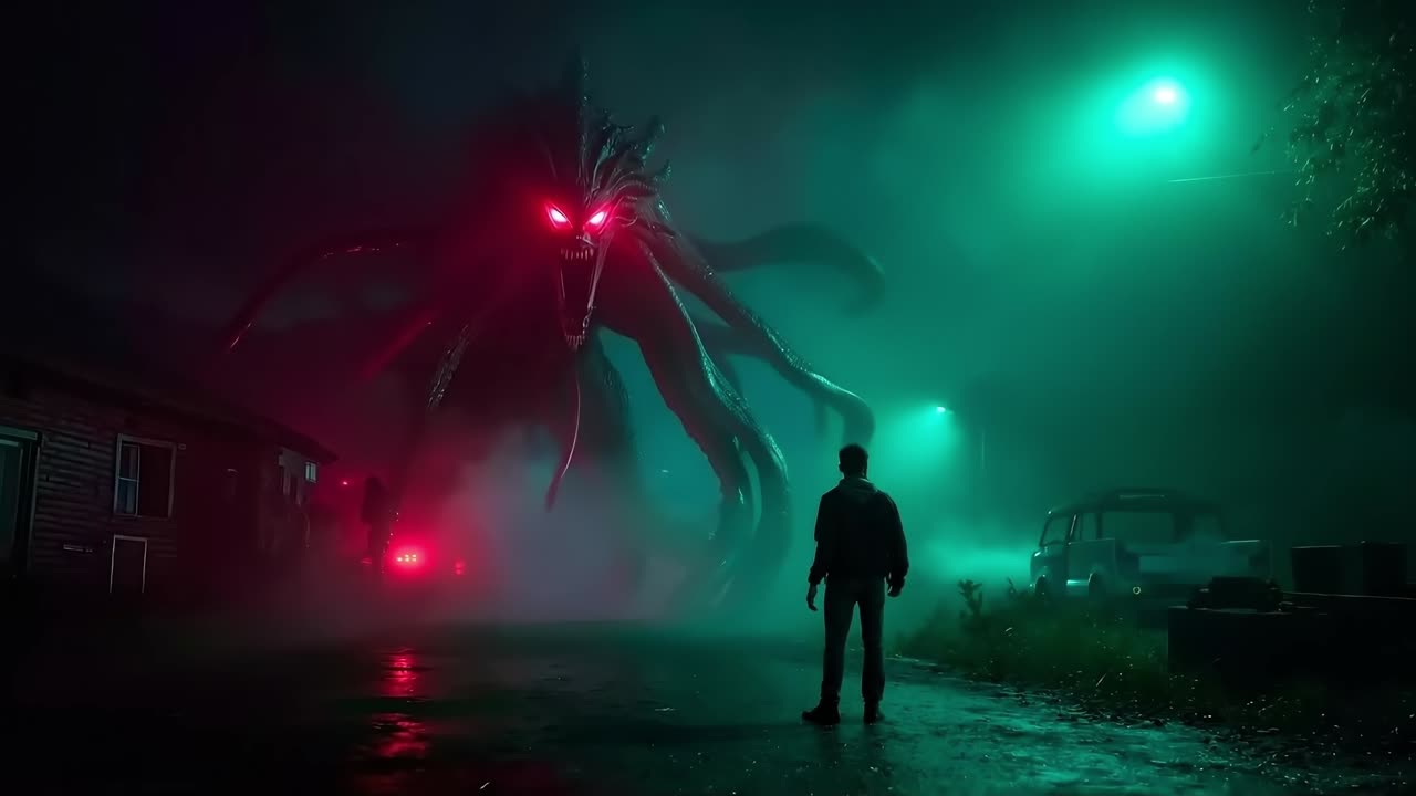 A man standing in front of a giant octopus in a dark room