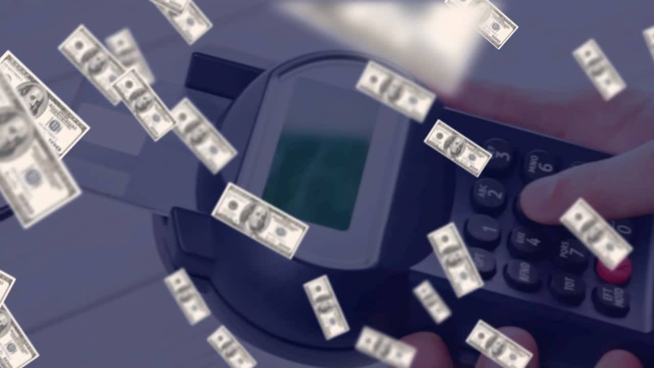 결제 터미널을 통해 떠다니는 달러의 애니메이션