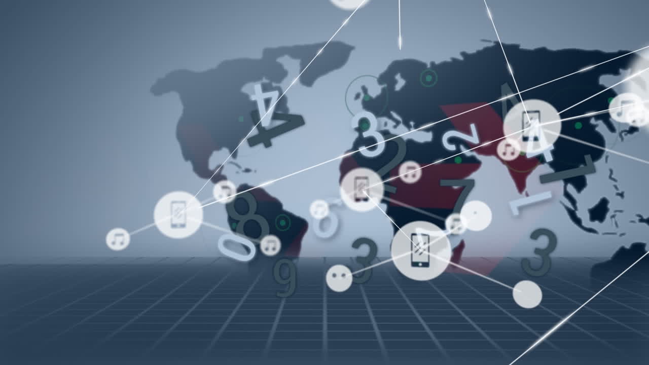 세계 지도 위의 아이콘으로 연결 네트워크의 애니메이션