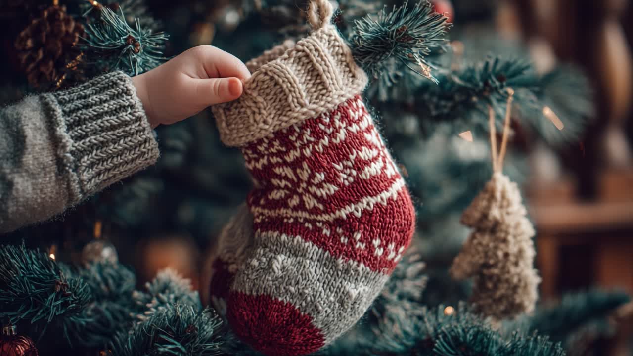 A Cozy Scene with a Child's Hand Placing a Knitted Christmas Stocking on a Festively Decorated Tree, Embracing the Spirit of Holiday Traditions and Family Gatherings