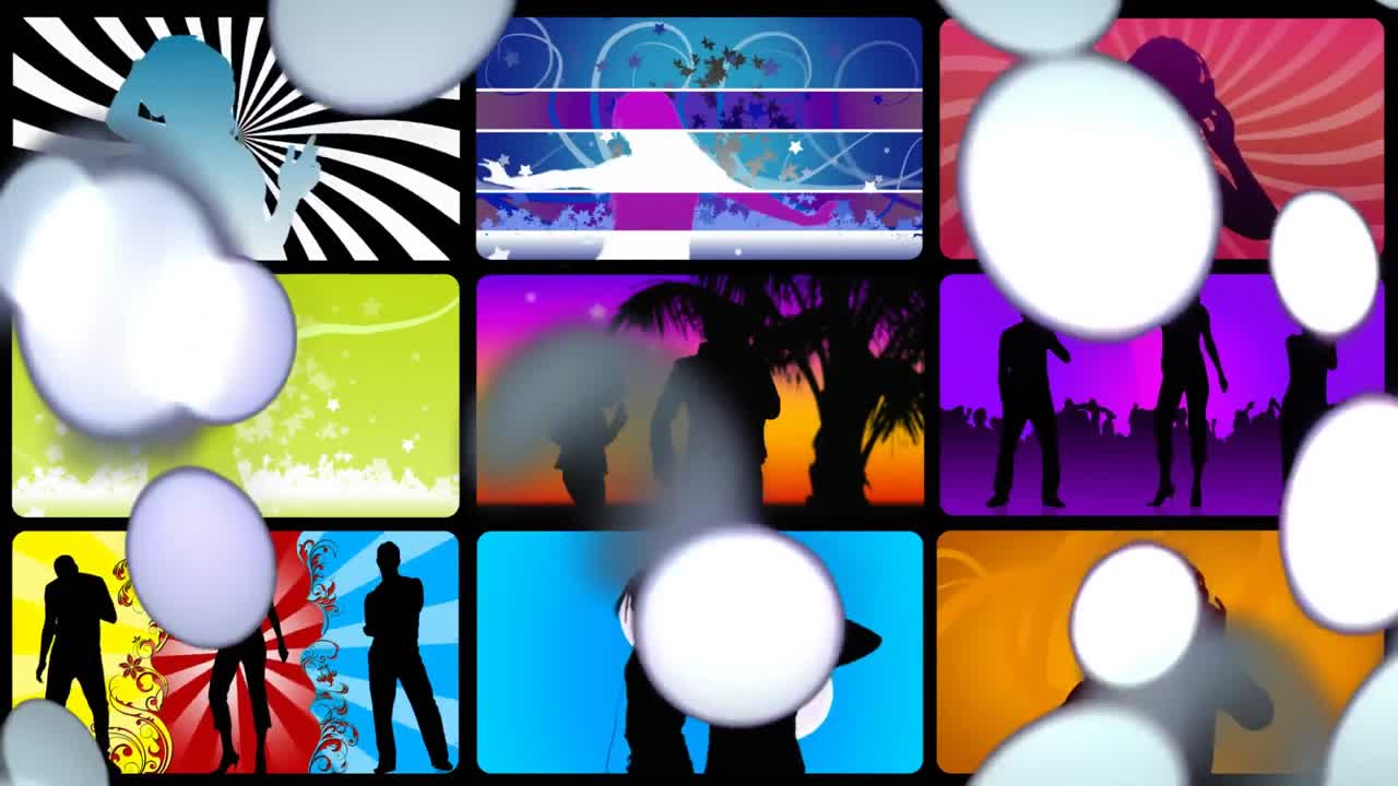 춤추는 사람 들 과 별 모양 을 가진 색색 빛 의 움직이는 반점 들