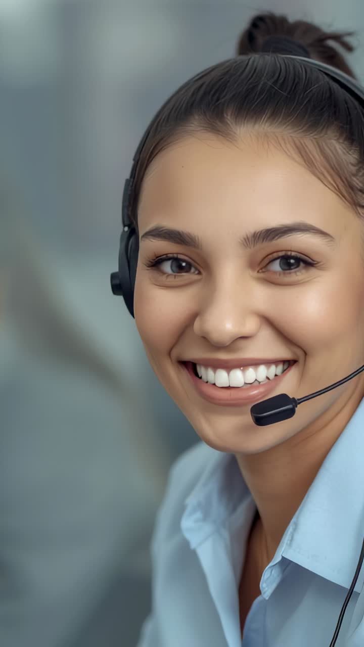 Vertical video: Smiling woman call center agent speaking at office, with headset, light blue shirt
