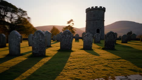 ancient carved stone in a historic irish graveyard at sunset