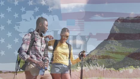 Animation-of-independence-day-text-over-smiling-diverse-couple-hiking