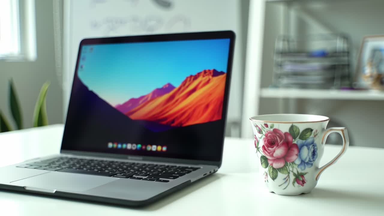 A Sleek Laptop and Colorful Cup Unite in an Inspiring Workspace, Showcasing a Beautiful Harmony of Technology and Personal Touches in a Modern Environment