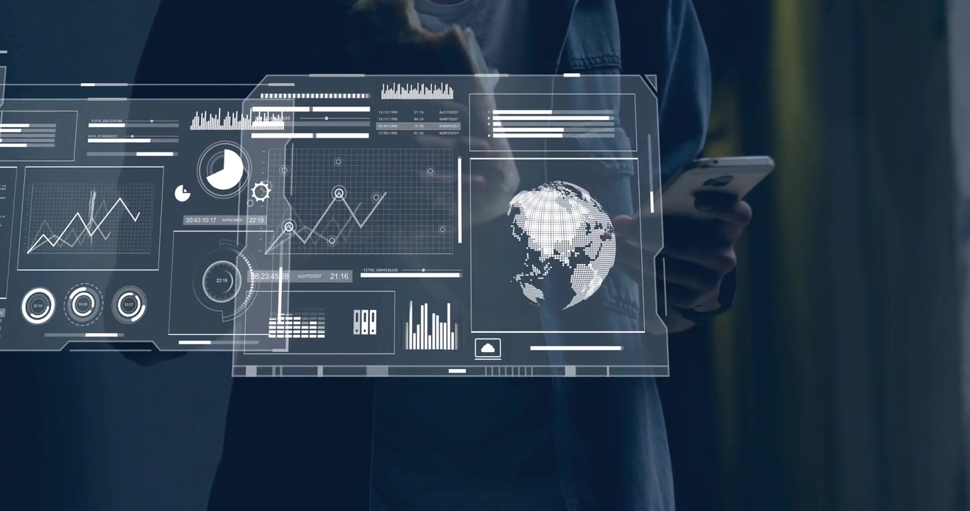 Man tapping smartphone and reconfiguring hologram panels while holding sandwich for data monitoring
