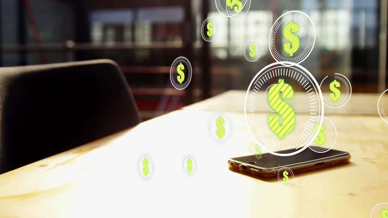Telefone aparecendo em mesa de madeira, moedas verdes 3D de dólar surgindo à esquerda, escalando para uma sobreposição mostrando ganhos.